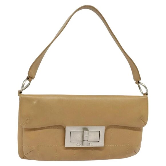 CHANEL Choco Bar Shoulder Bag Lamb Skin Beige Silver CC Auth PP570 - Picture 1 of 15